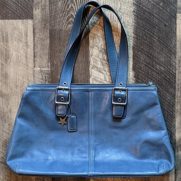Coach Hampton Shoulder Tote Bag Blue Leather - Picture 1 of 7